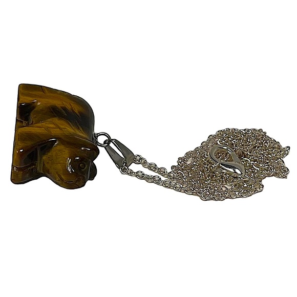 Bear tigers eye glossy metallic charm carved pendant necklace on silver chain - Picture 10 of 16